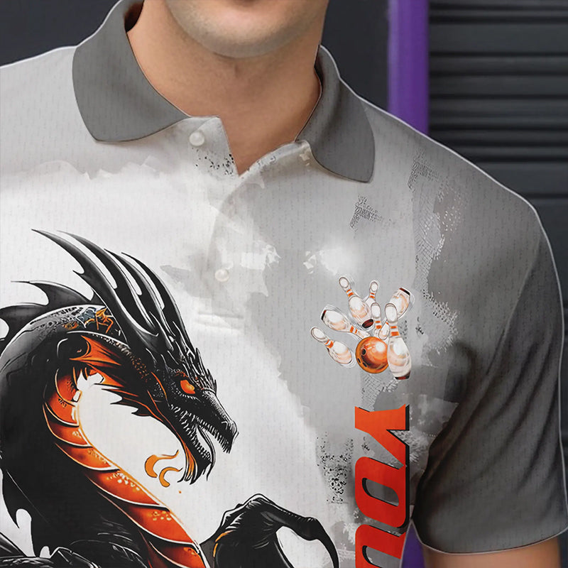 Black And Orange Custom Dragon Bowling Polo Shirts For Men, Dragon Bowling Team Shirts IPHW8819