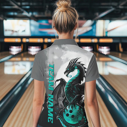 Black And Turquoise Blue Custom Dragon Bowling Women Quarter-Zip Shirts, Bowling Team Shirt IPHW8820