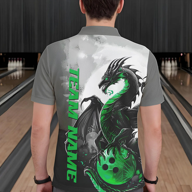 Black And Green Custom Dragon Bowling Polo Shirts For Men, Dragon Bowling Team Shirts IPHW8821