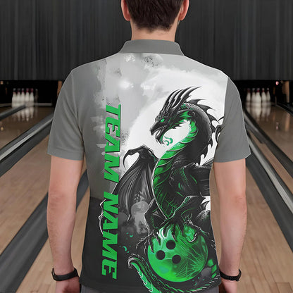 Black And Green Custom Dragon Bowling Polo Shirts For Men, Dragon Bowling Team Shirts IPHW8821