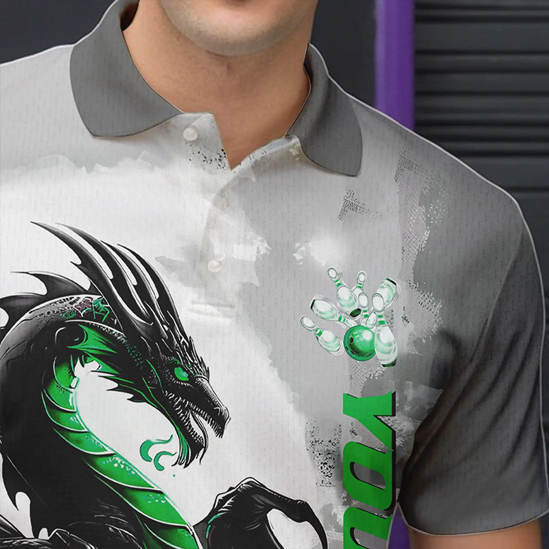 Black And Green Custom Dragon Bowling Polo Shirts For Men, Dragon Bowling Team Shirts IPHW8821