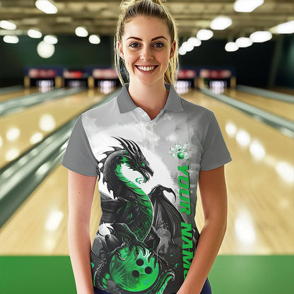 Black And Green Custom Dragon Bowling Polo Shirts For Women, Dragon Bowling Team Shirts IPHW8821