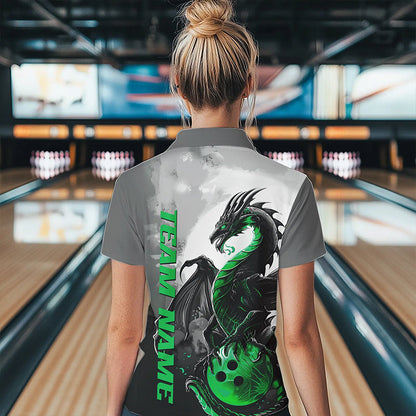 Black And Green Custom Dragon Bowling Polo Shirts For Women, Dragon Bowling Team Shirts IPHW8821