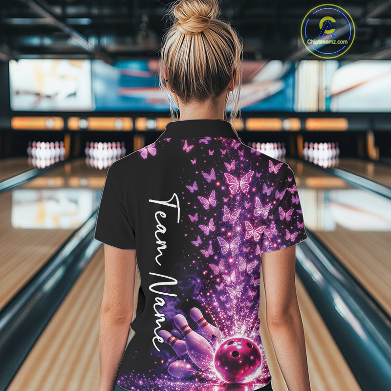 Custom Pink And Purple Butterfly Women Bowling Polo Shirt, Bowling League Shirt IPHW10904