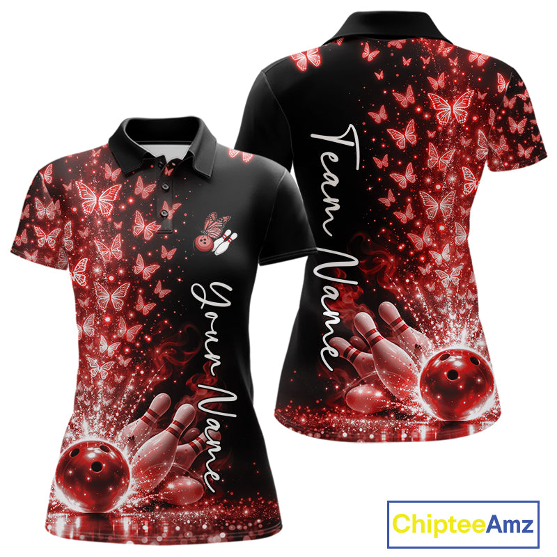 Custom Red Butterfly Women Bowling Polo Shirt, Bowling League Shirt IPHW10907