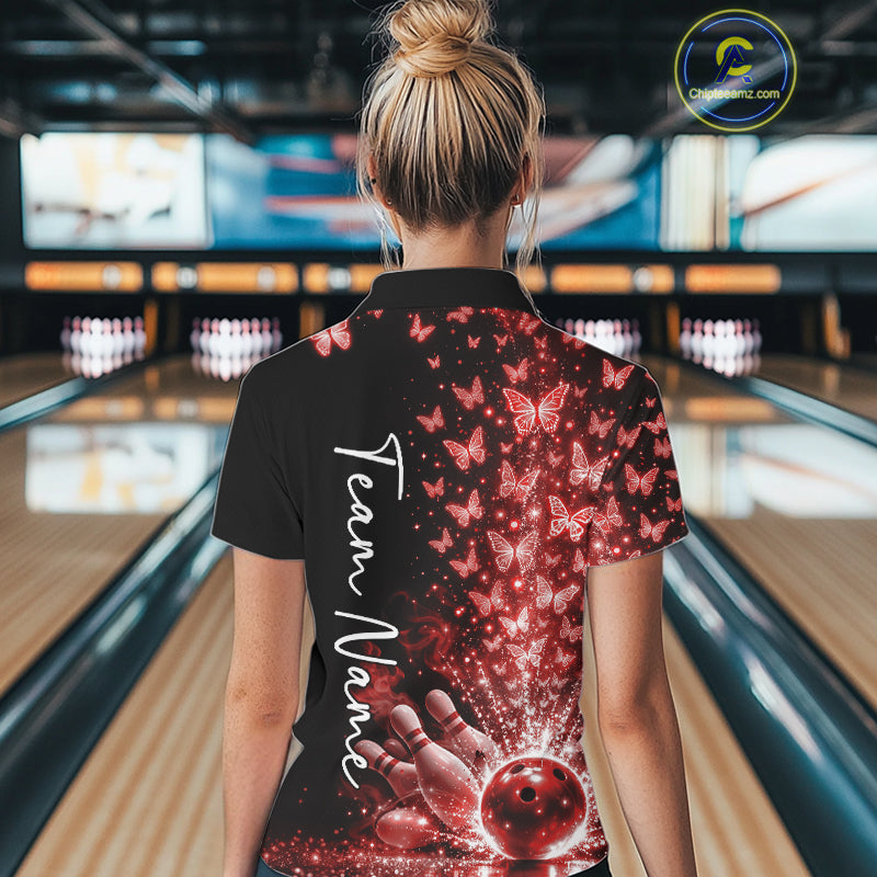 Custom Red Butterfly Women Bowling Quarter-Zip Shirt, Bowling League Shirt IPHW10907
