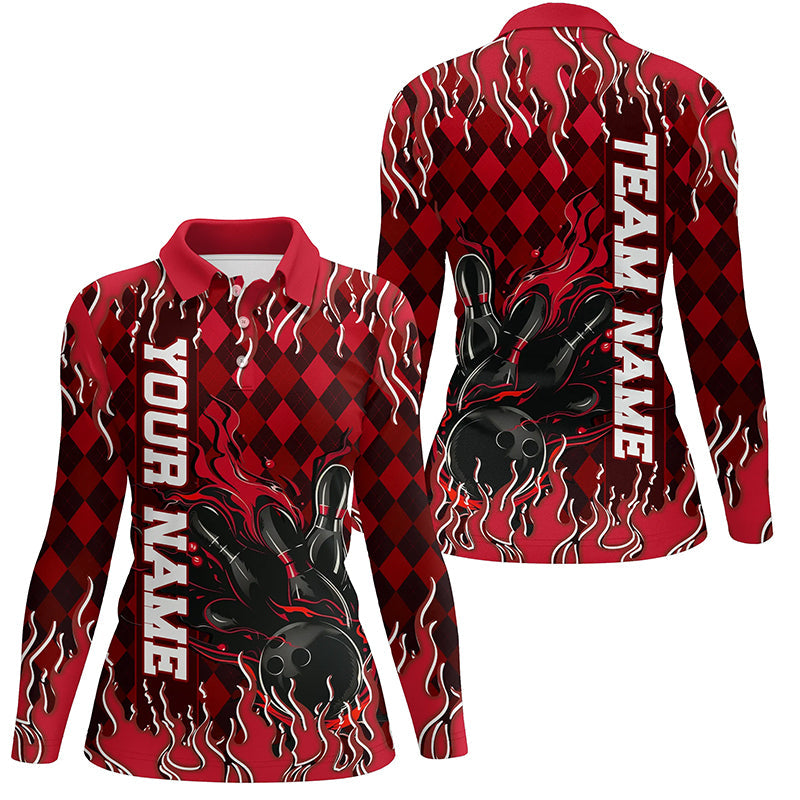 Red Argyle Pattern Custom Flame Strike Ladies Bowling Shirts, Bowling Team Bowler Outfit IPHW7897