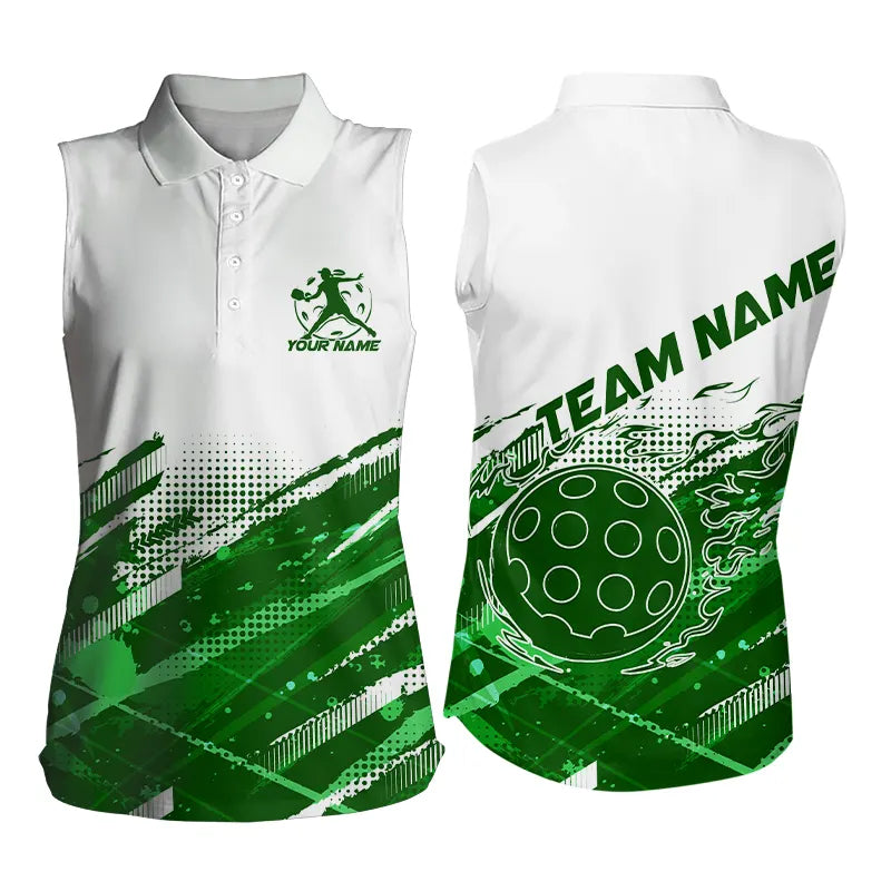 Custom Green Flame Pickleball Women's Sleeveless Polo Shirts, Pickleball Team Name Shirt IPHW8110