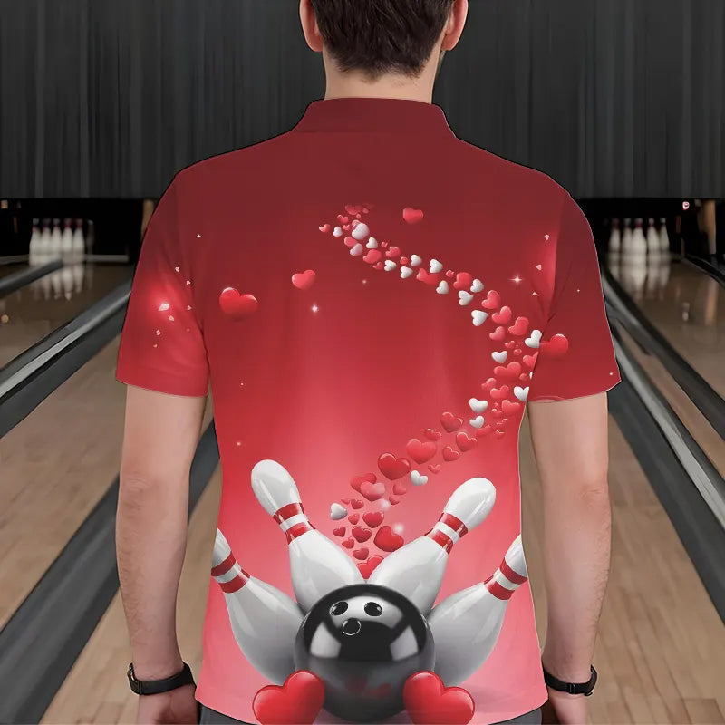 Red Heart Theme Custom Valentines Bowling Polo Shirts For Men, Couple Bowling Shirt IPHW8344