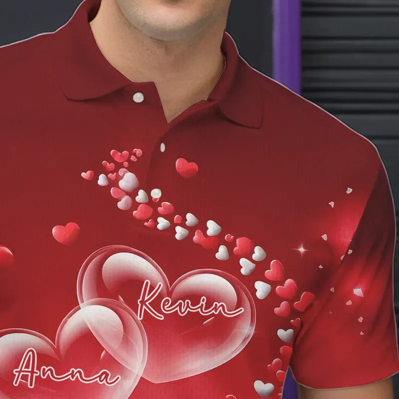 Red Heart Theme Custom Valentines Bowling Polo Shirts For Men, Couple Bowling Shirt IPHW8344