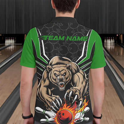 Black And Green Custom Bear Bowling Jerseys, Bear Bowling Team Polo Shirts For Men IPHW8832