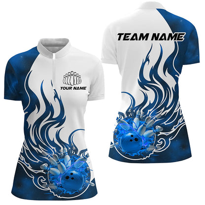 Custom Blue Flame Bowling Shirts For Women, Galaxy Bowling Team Shirts Bowling Uniform IPHW7087