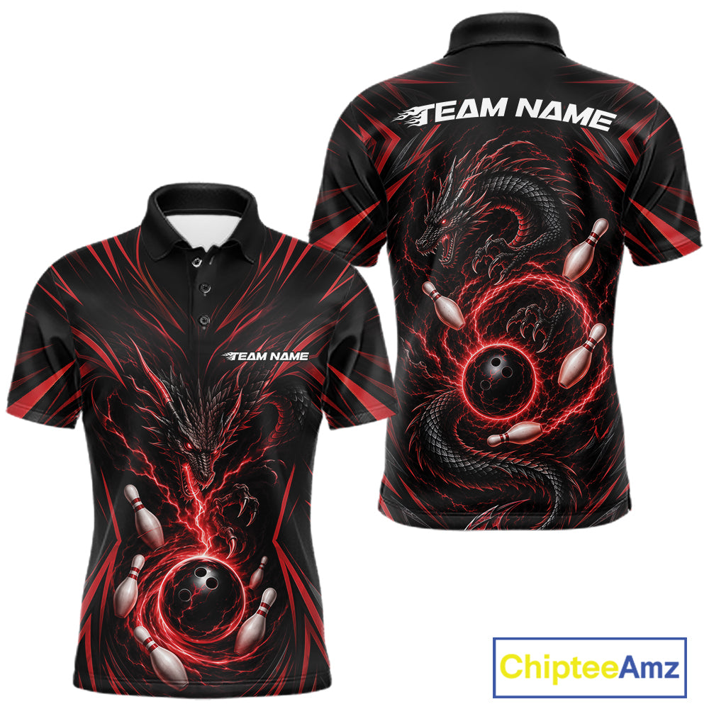 Front and back views of a black short-sleeve polo shirt with a red and black dragon design wrapping around bowling balls and pins, with 'TEAM NAME' printed on the chest and back. A 'ChipteeAmz' logo is visible in the bottom right corner.