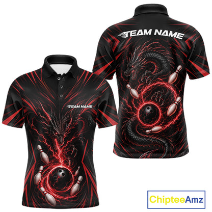 Front and back views of a black short-sleeve polo shirt with a red and black dragon design wrapping around bowling balls and pins, with 'TEAM NAME' printed on the chest and back. A 'ChipteeAmz' logo is visible in the bottom right corner.