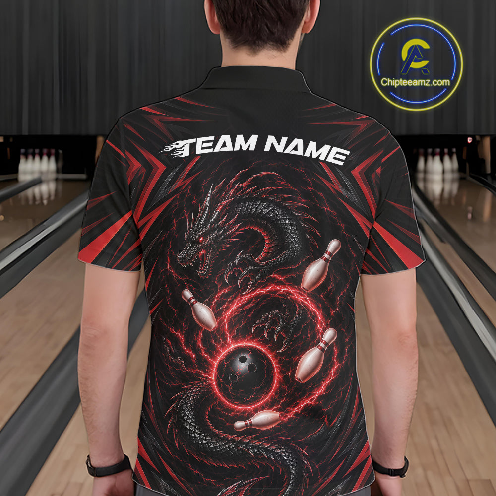 A person viewed from behind wearing a black short-sleeve bowling shirt with a large red and black dragon graphic, bowling pins, and a ball on the back, with 'TEAM NAME' printed across the upper back. 