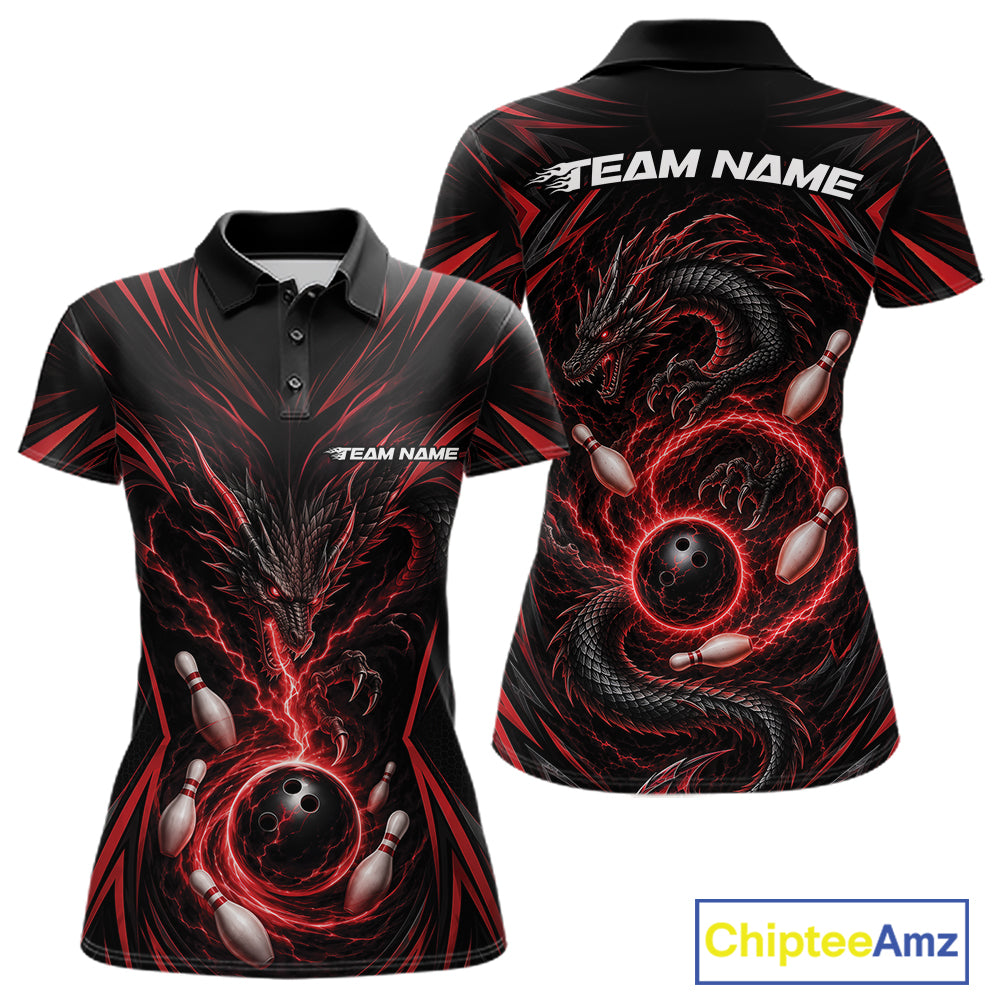 Black womens short-sleeve polo shirt with a red and black dragon and bowling ball graphic, shown from the front and back. 