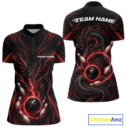 Front and back views of a women's short-sleeve quarter zip jersey in black with a red and dark gray dragon design wrapping around bowling balls and pins, with 'TEAM NAME' printed on the chest and back. A ChipteeAmz logo appears in the bottom right corner.