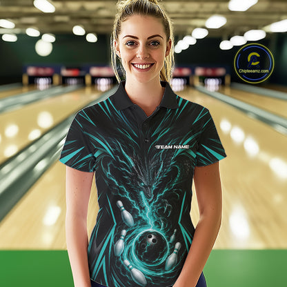 A woman wearing a black short-sleeve bowling-themed polo shirt with a teal and black dragon design and bowling pins graphic