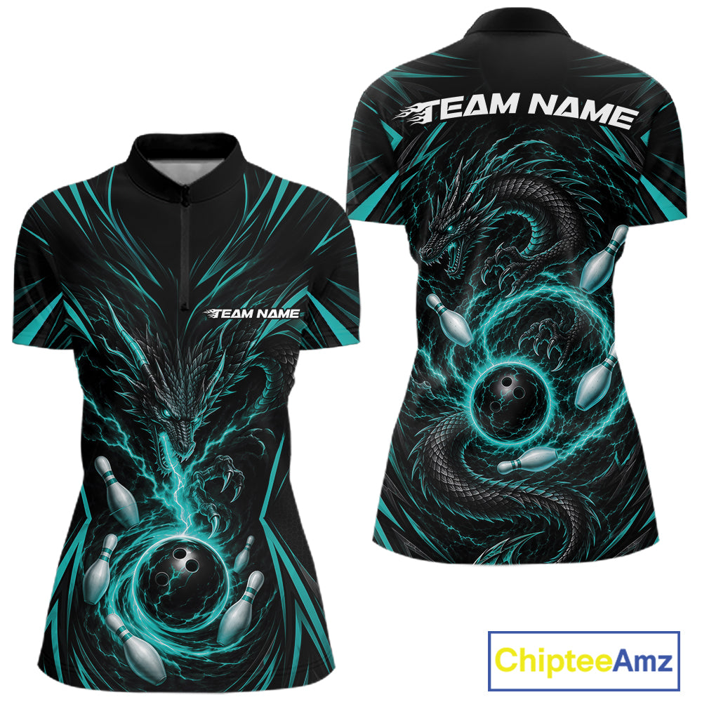 Front and back views of a women's short-sleeve athletic jersey with a black base and a glowing teal bowling-themed dragon graphic. The jersey features bowling balls, bowling pins, and the customizable texts
