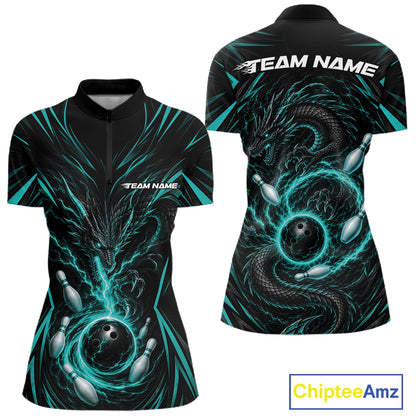 Front and back views of a women's short-sleeve athletic jersey with a black base and a glowing teal bowling-themed dragon graphic. The jersey features bowling balls, bowling pins, and the customizable texts