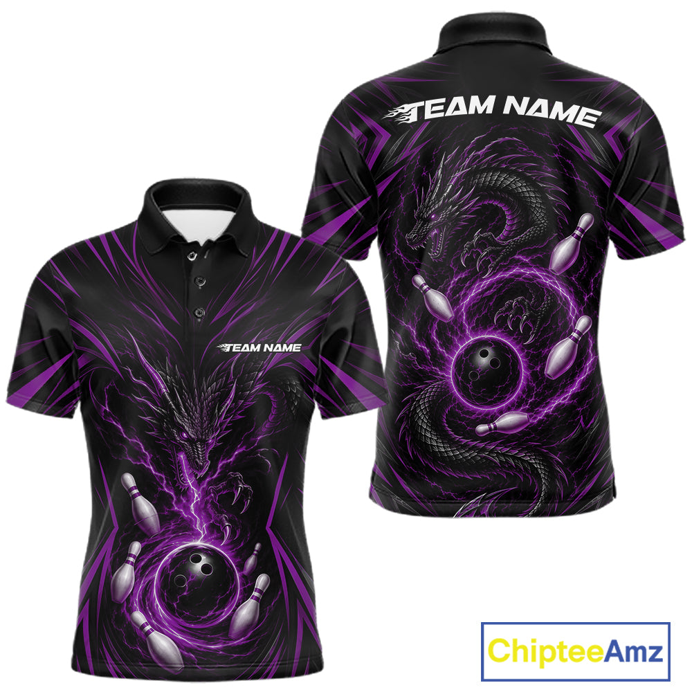 Custom short-sleeve polo shirt with purple and black dragon bowling-themed graphic print, shown from both front and back on a white background. 