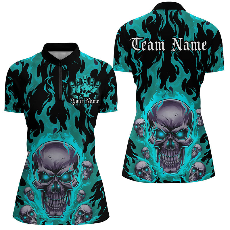 Custom Blue Flame Skull Bowling Shirts For Women, Halloween Bowling Team Outfits Uniform IPHW7387