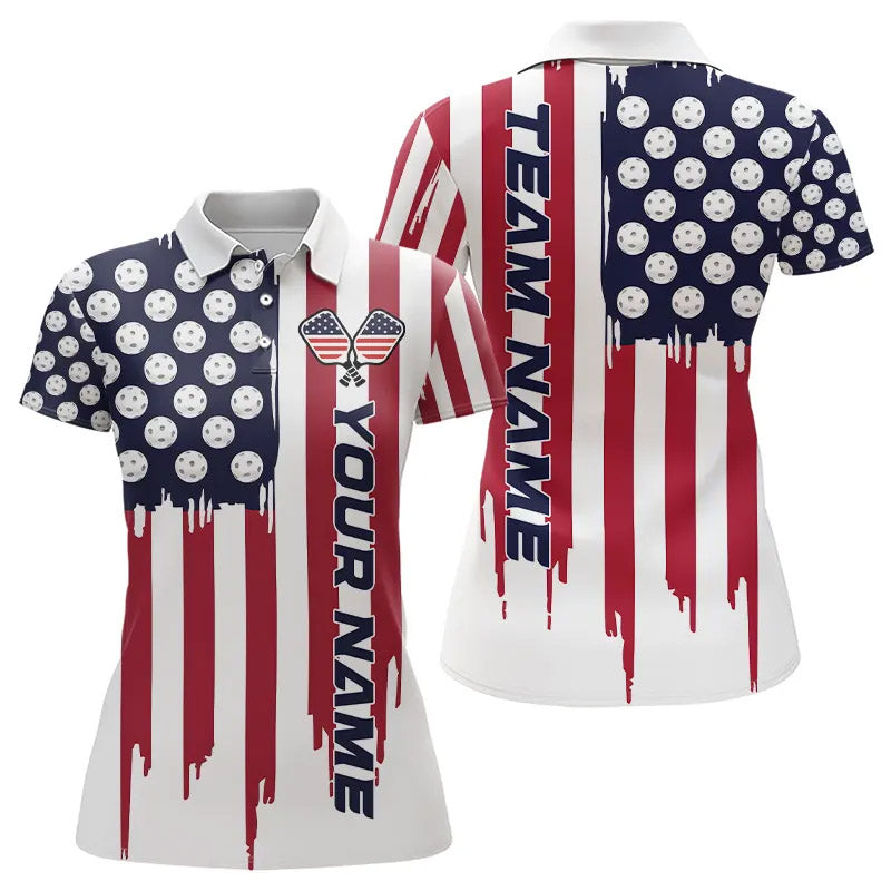Custom American Flag Pickleball Polo Shirts For Women, Patriotic Pickleball Jerseys For Team IPHW8121
