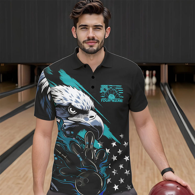 Black And Blue American Flag Eagle Custom Patriotic Flame Bowling Team Men Polo Shirts IPHW8849