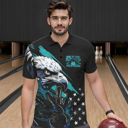 Black And Blue American Flag Eagle Custom Patriotic Flame Bowling Team Men Polo Shirts IPHW8849