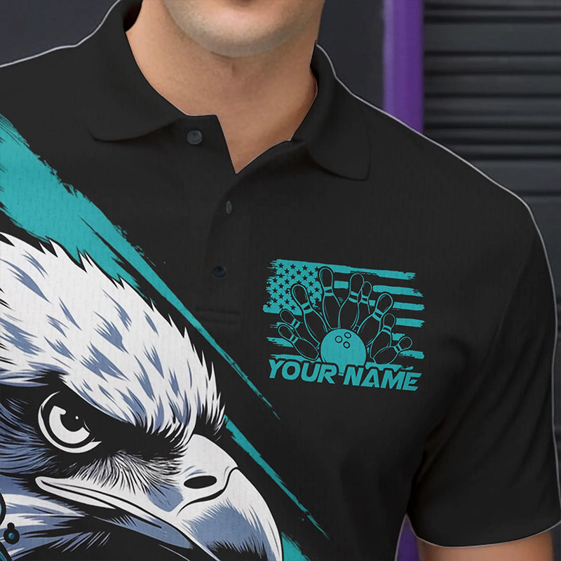 Black And Blue American Flag Eagle Custom Patriotic Flame Bowling Team Men Polo Shirts IPHW8849