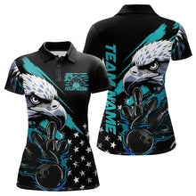 Load image into Gallery viewer, Black And Blue American Flag Eagle Custom Patriotic Flame Bowling Team Women Polo Shirts IPHW8849