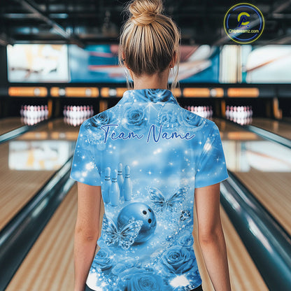 Custom Elegant Blue Roses And Butterfly Women Bowling Quarter-Zip Shirts, Ladies Outfit IPHW10935