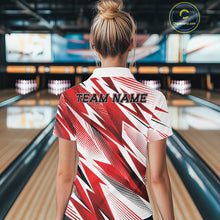 Load image into Gallery viewer, Person wearing a red and white bowling shirt with 'TEAM NAME' text in a bowling alley.