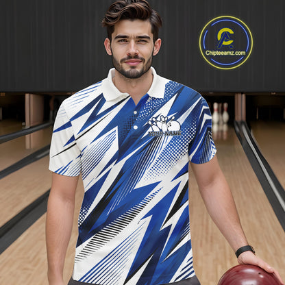 Man wearing a blue and white patterned shirt in a bowling alley with 'Chipteamz.com' logo.
