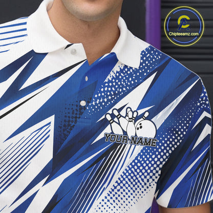 Blue and white bowling shirt with a logo and text on a person wearing it.