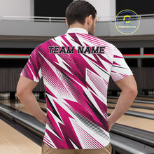 Load image into Gallery viewer, Person wearing a pink and white bowling shirt with 'TEAM NAME' text in a bowling alley.