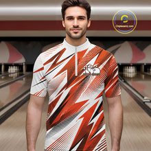 Load image into Gallery viewer, Man wearing a red and white bowling shirt with a pattern in a bowling alley.