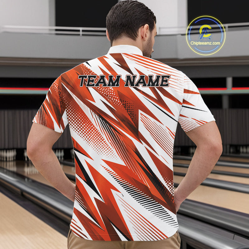Person wearing a red and white bowling shirt with 'TEAM NAME' on a bowling alley.