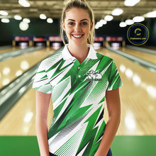 Load image into Gallery viewer, Woman wearing a green and white patterned shirt in a bowling alley