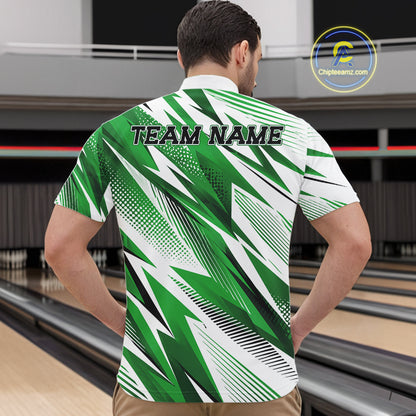 Person wearing a green and white bowling shirt with 'TEAM NAME' text in a bowling alley.