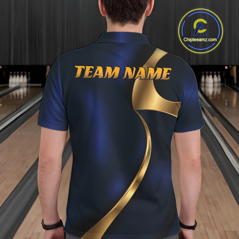 Custom Blue And Gold Men Polo Bowling Team Shirt, Bowling League Shirt IPHW11609