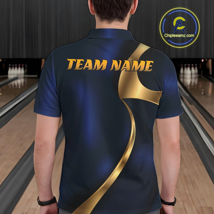 Custom Blue And Gold Men Polo Bowling Team Shirt, Bowling League Shirt IPHW11609