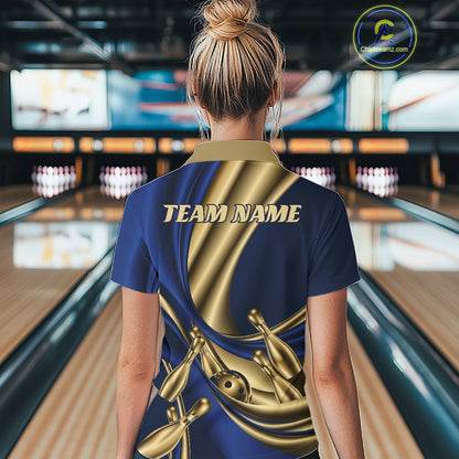 Custom Blue And Gold Curves With Golden Bowling Ball And Pins Women Polo Shirt IPHW11614