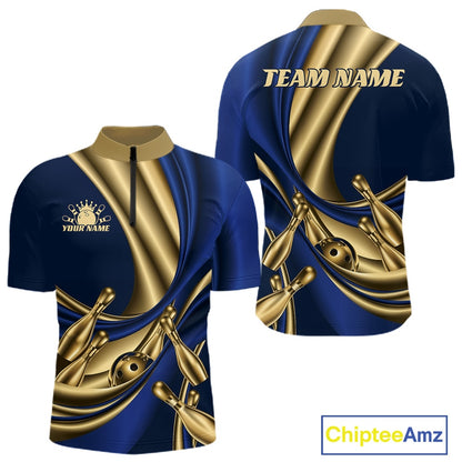 Custom Blue And Gold Curves With Golden Bowling Ball And Pins Men Quarter Zip Shirt IPHW11614
