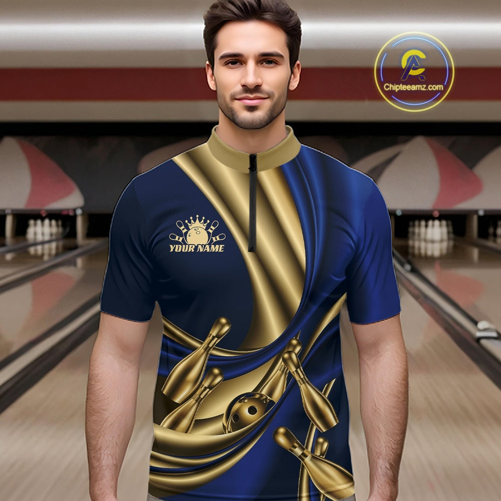 Custom Blue And Gold Curves With Golden Bowling Ball And Pins Men Quarter Zip Shirt IPHW11614