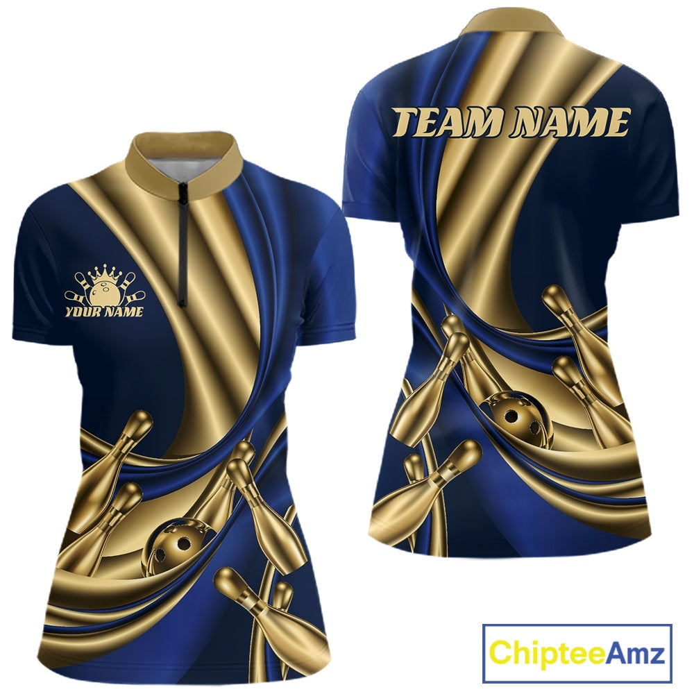 Custom Blue And Gold Curves With Golden Bowling Ball And Pins Women Quarter-Zip Shirt IPHW11614