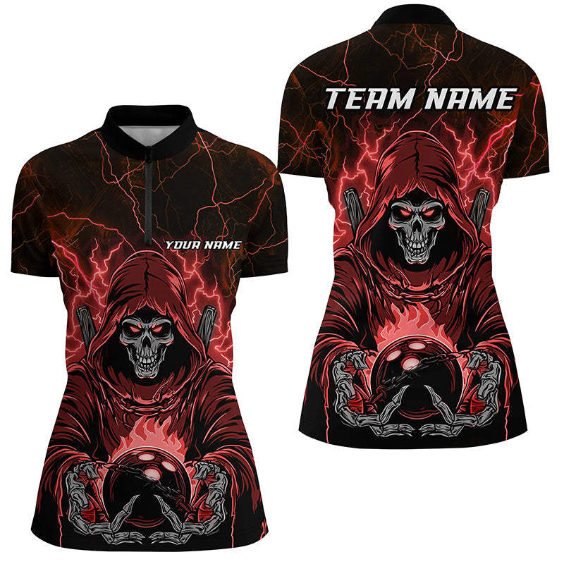 Black And Red Lightning Custom Skull Bowling Shirts For Women, Halloween Bowling Shirts IPHW7090