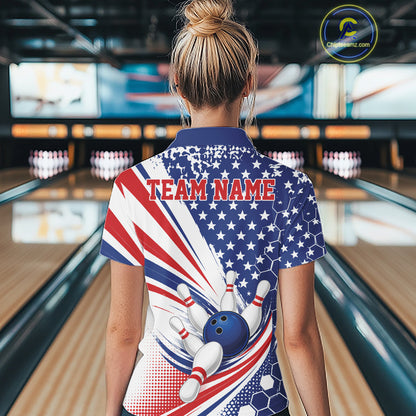 A woman viewed from behind wearing a bowling-themed short-sleeve quarter zip shirt with an American flag-inspired design featuring red, white, and blue stars and stripes, bowling pins, and a blue bowling ball graphic. The shirt has 'TEAM NAME' printed across the upper back.