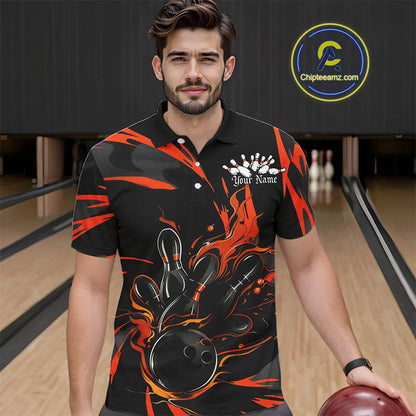 Black And Orange Custom Flame Bowling Shirts For Men, Bowling Team Shirt Bowling Uniform Outfit IPHW7400