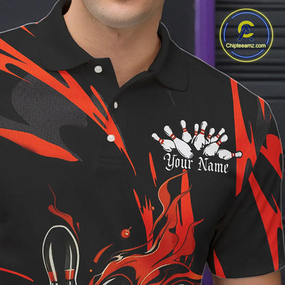 Black And Orange Custom Flame Bowling Shirts For Men, Bowling Team Shirt Bowling Uniform Outfit IPHW7400
